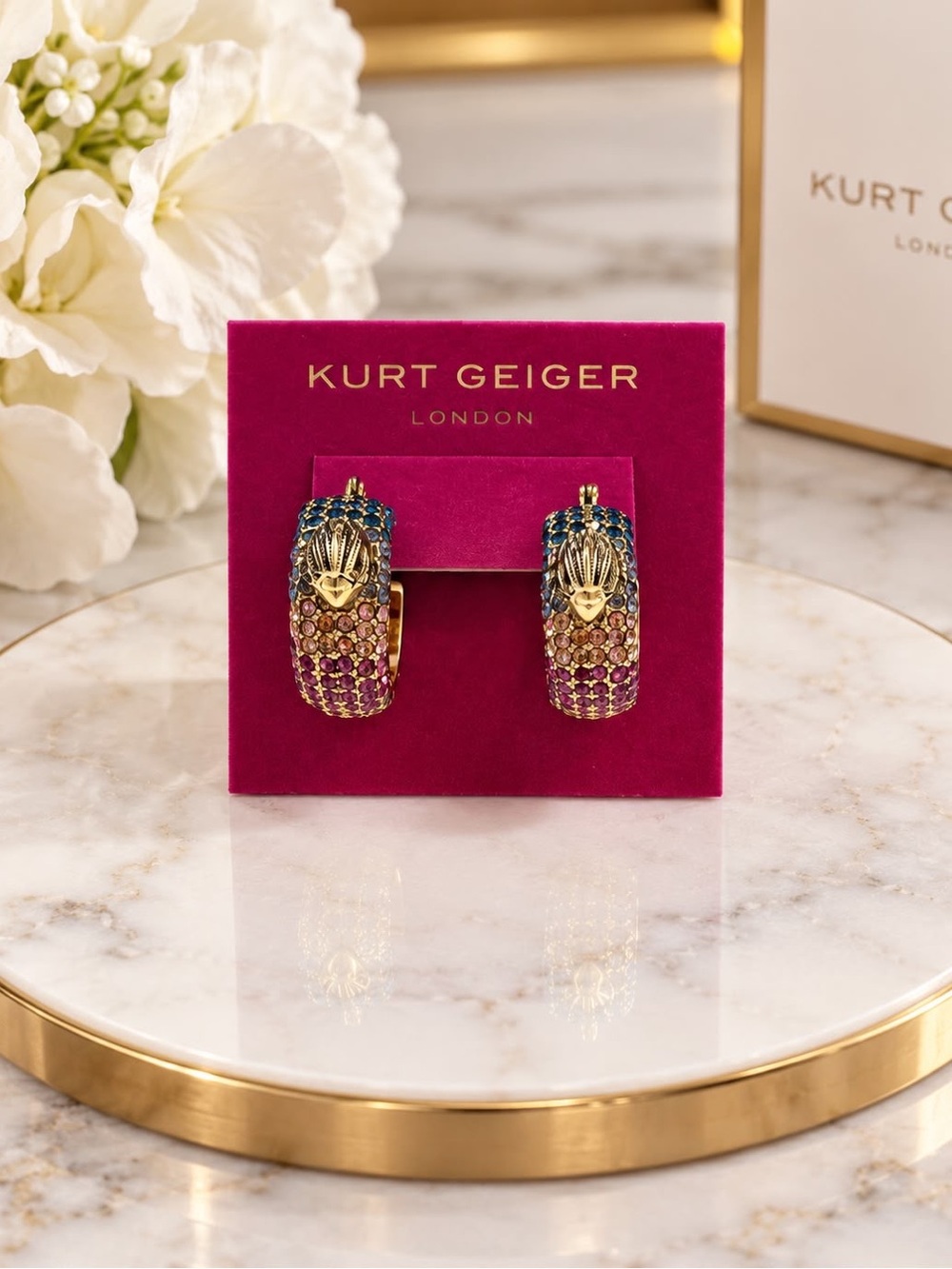 Kurt Geiger Crystal Eagle Hoop Earrings Gold Tone Rainbow Pavé Statement